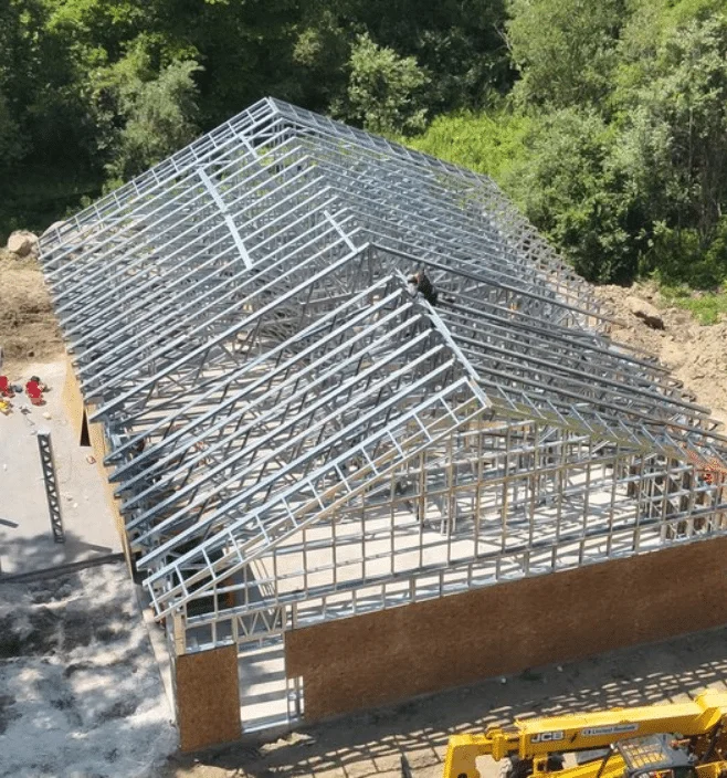 Aerial view of steel frame barndominium construction in Tennessee