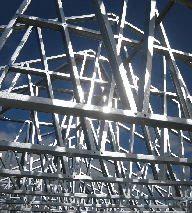 Close-up of galvanized steel roof trusses for Tennessee barndo